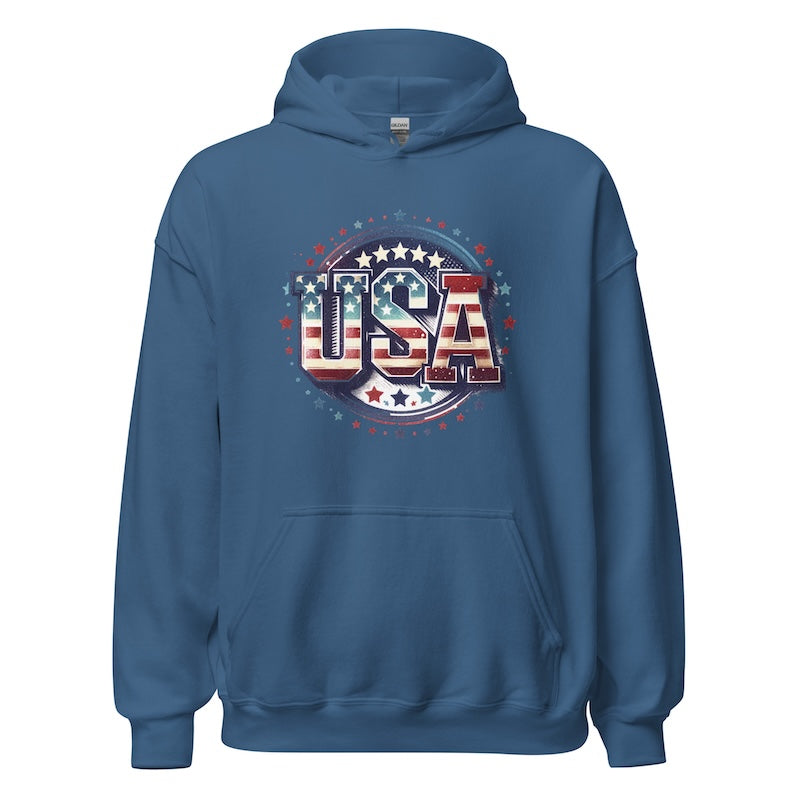 Blue hoodie with 'USA' design on a white background