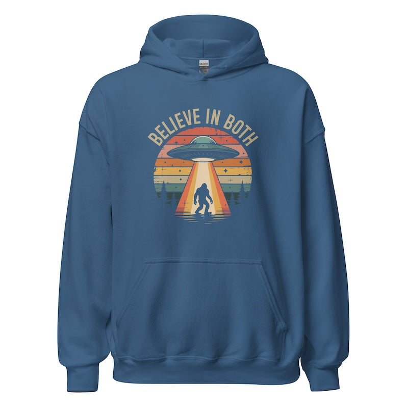Blue hoodie with UFO and Bigfoot graphic and 'Believe in Both' text on a white background