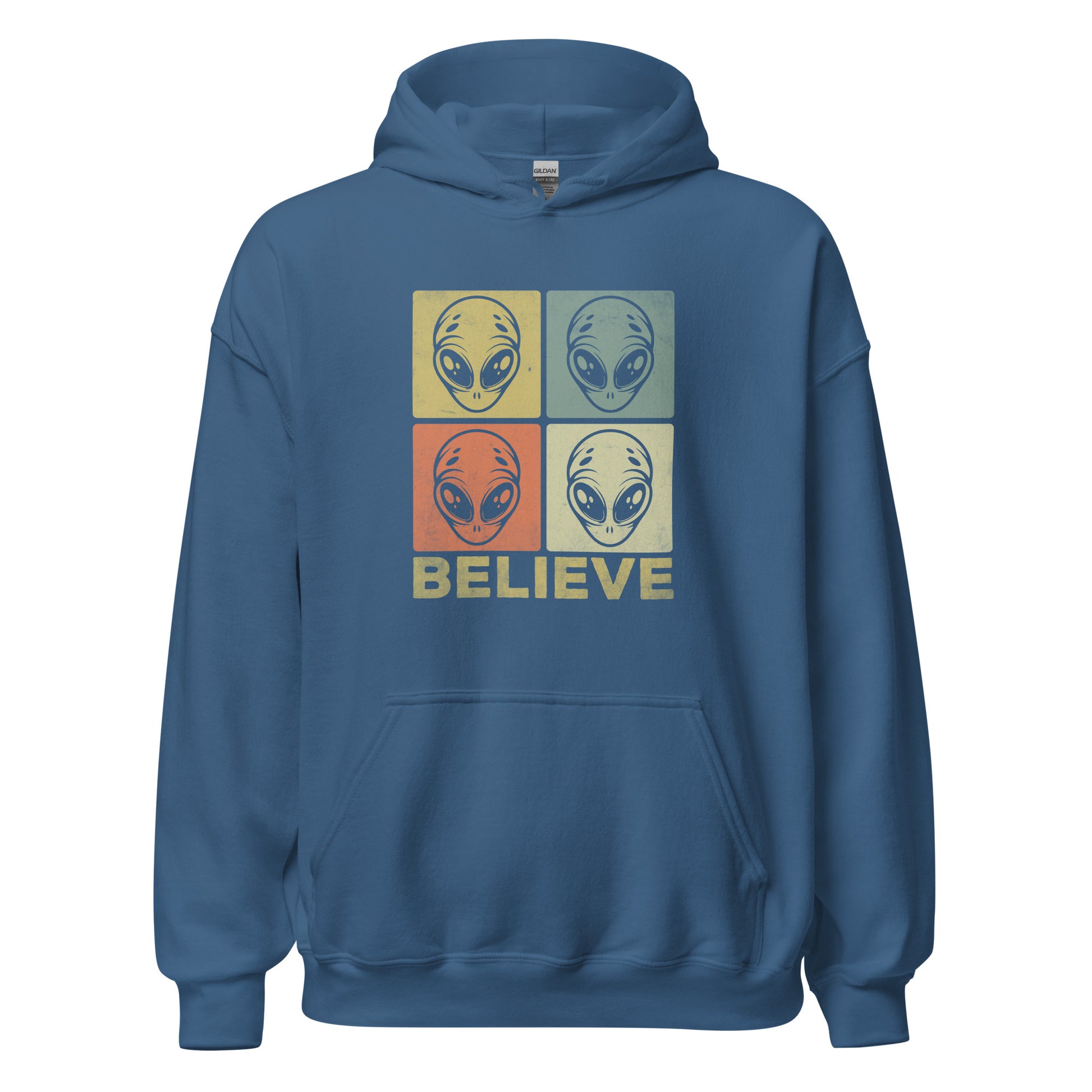 Blue hoodie with alien graphic and 'BELIEVE' text on a white background