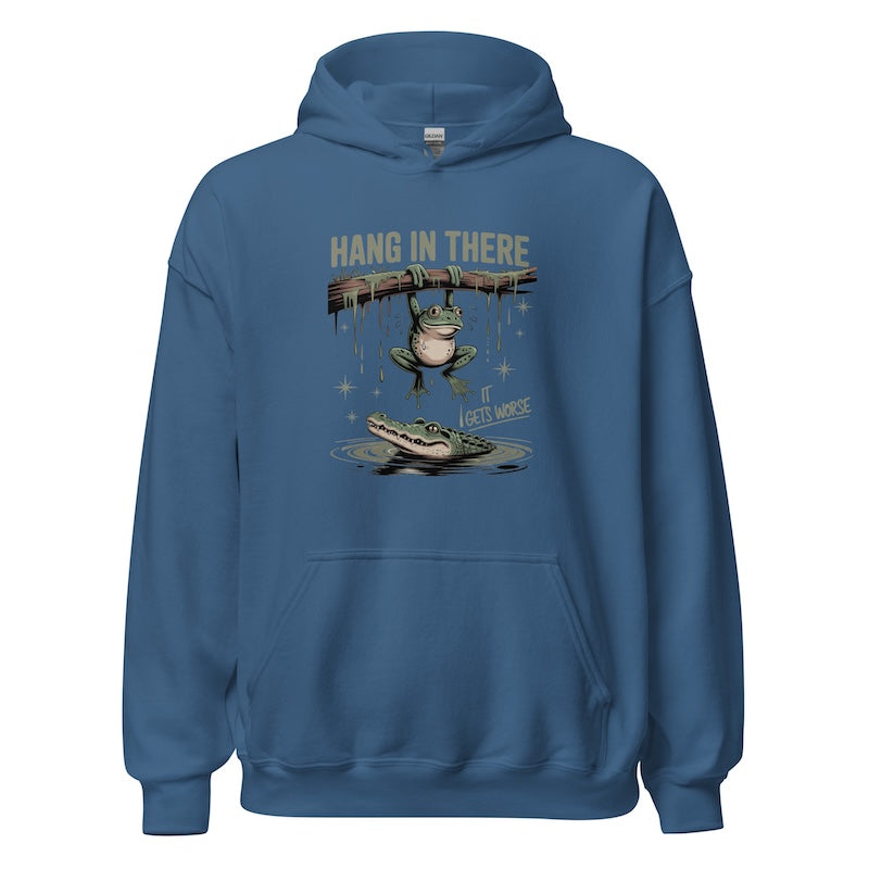 Blue hoodie with frog graphic and text 'Hang in there, it gets worse' on a white background