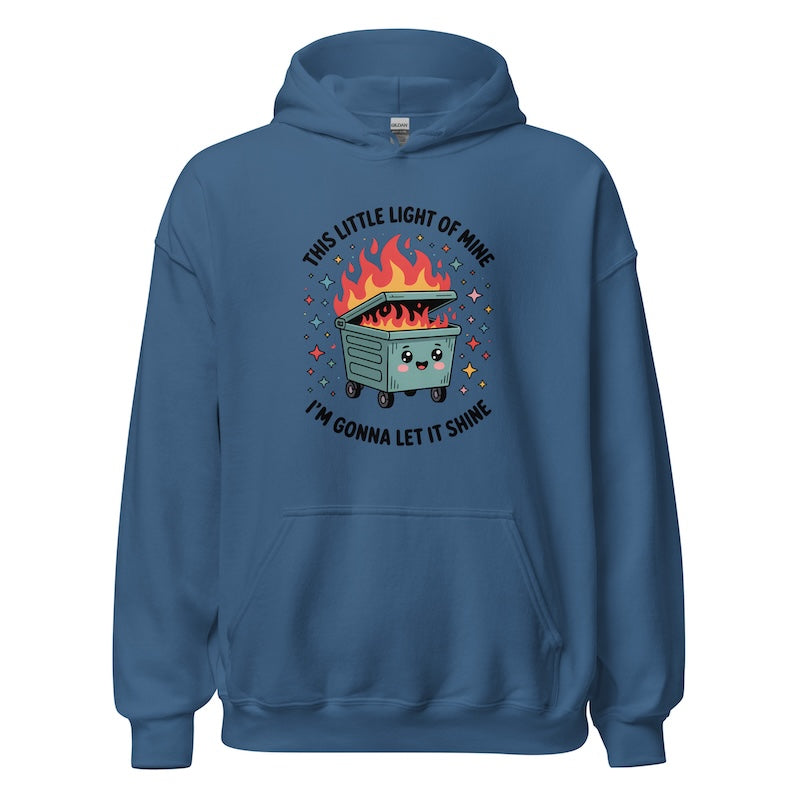 Blue hoodie with a graphic design of a dumpster fire and text on a white background