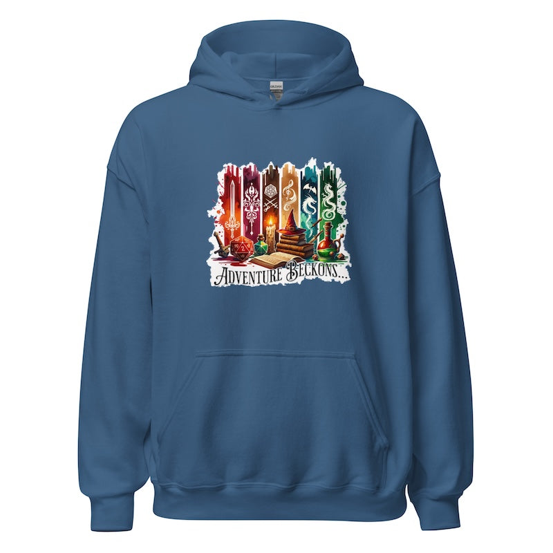 Blue hoodie with a graphic design on the back against a white background