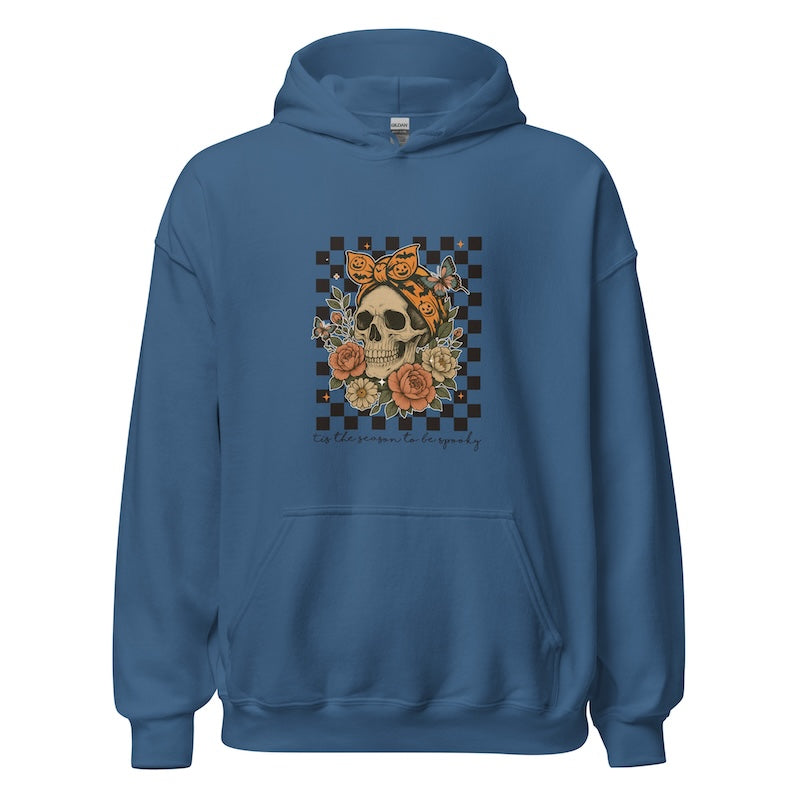 Blue hoodie with a skull and floral design on a white background