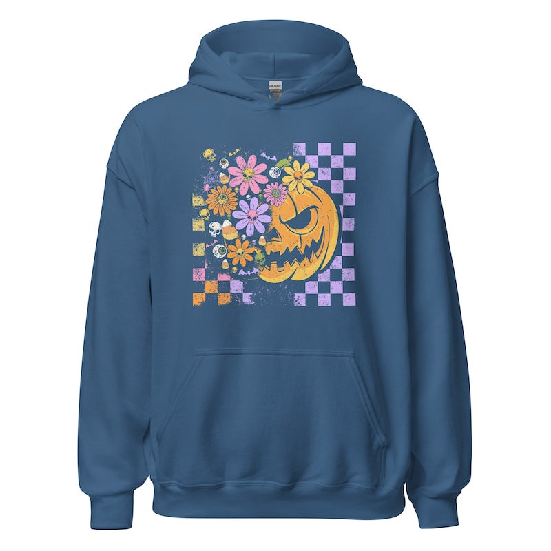 Blue hoodie with a colorful pumpkin and floral design on a white background