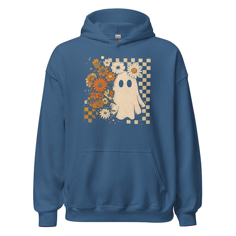 Blue hoodie with a ghost and floral design on a white background