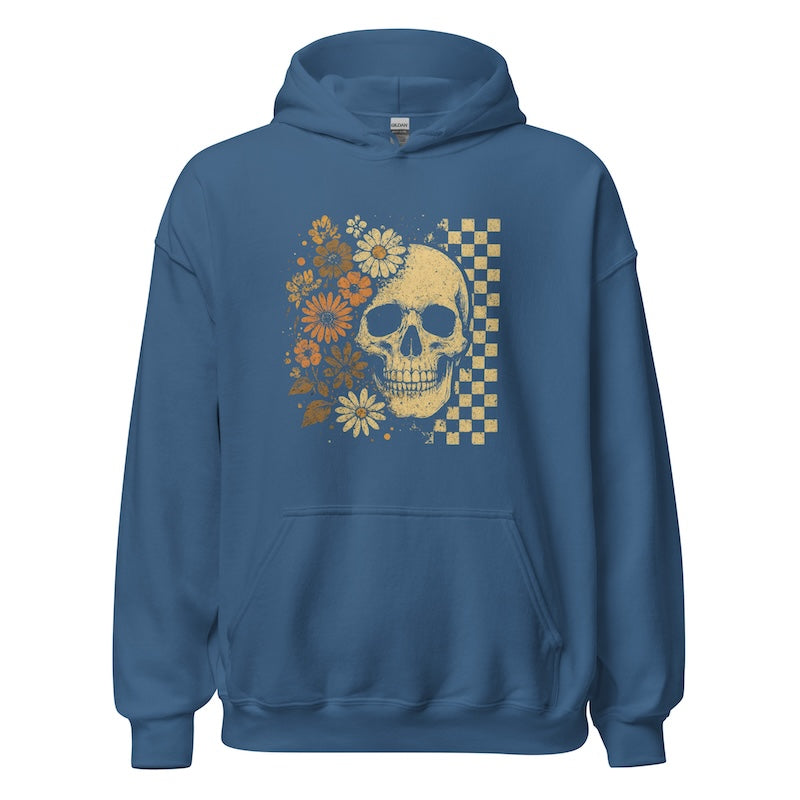 Blue hoodie with a skull and floral design on a white background