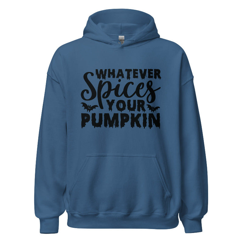Blue hoodie with black text 'Whatever Spices Your Pumpkin' on a white background