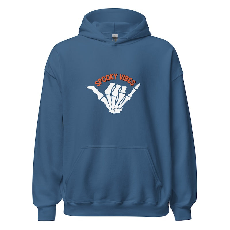 Blue hoodie with 'Spooky Vibes' design on a white background