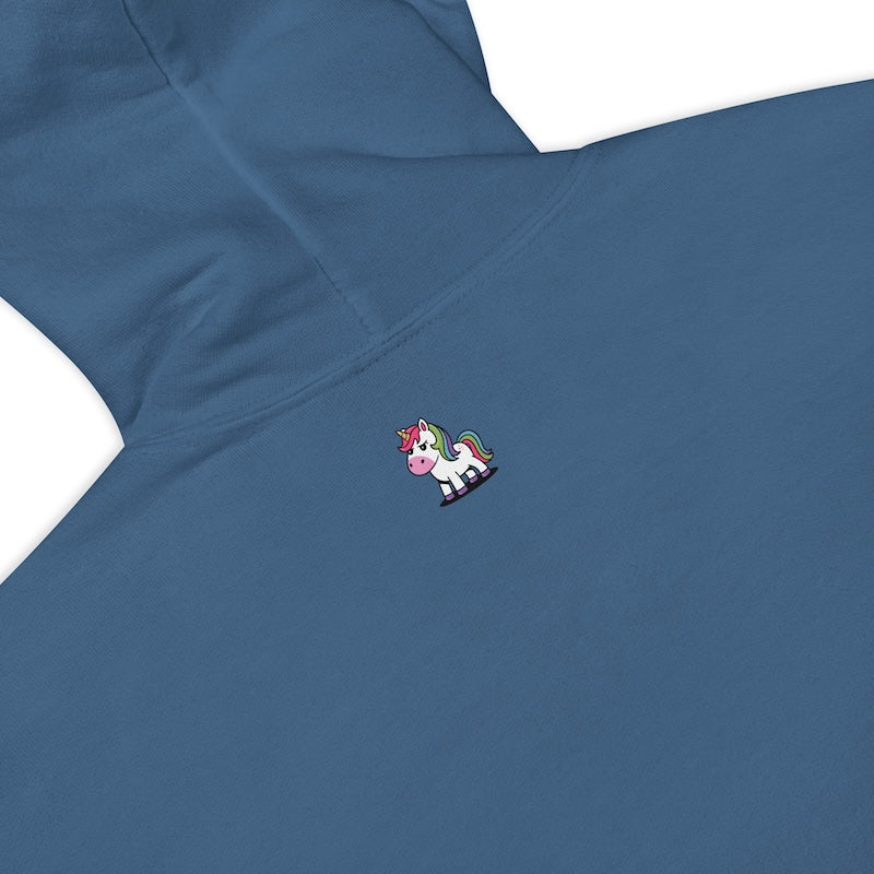 Blue hoodie with a unicorn patch on a white background