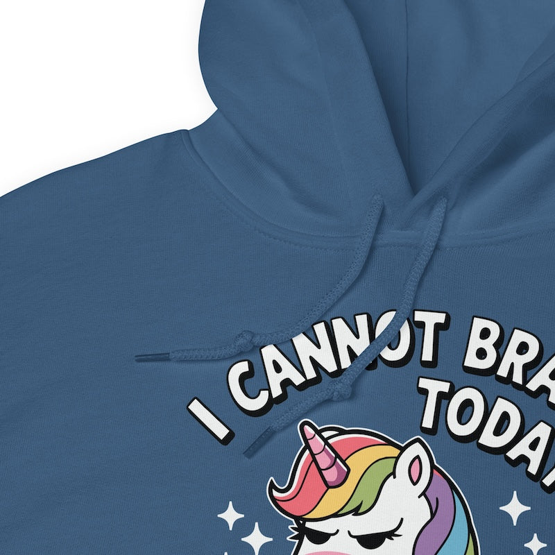 Blue hoodie with a unicorn graphic and text 'I CANNOT BR' on a white background