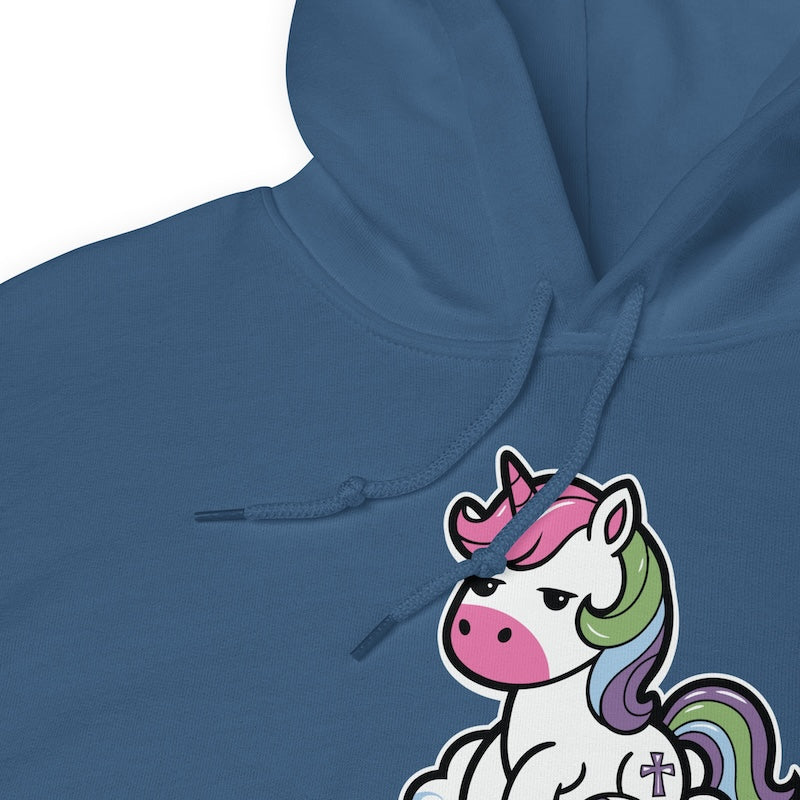 Blue hoodie with a cartoon unicorn design on a white background