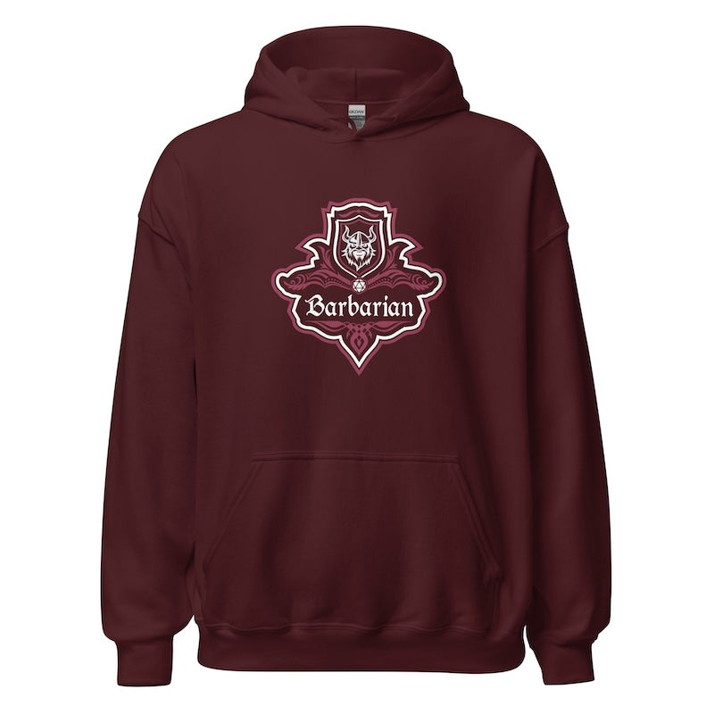 Maroon hoodie with 'Barbarian' design on a white background