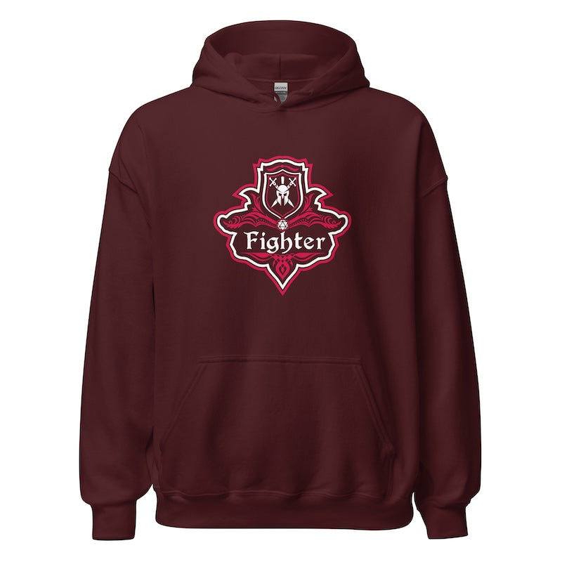 Maroon hoodie with 'Fighter' logo on a white background