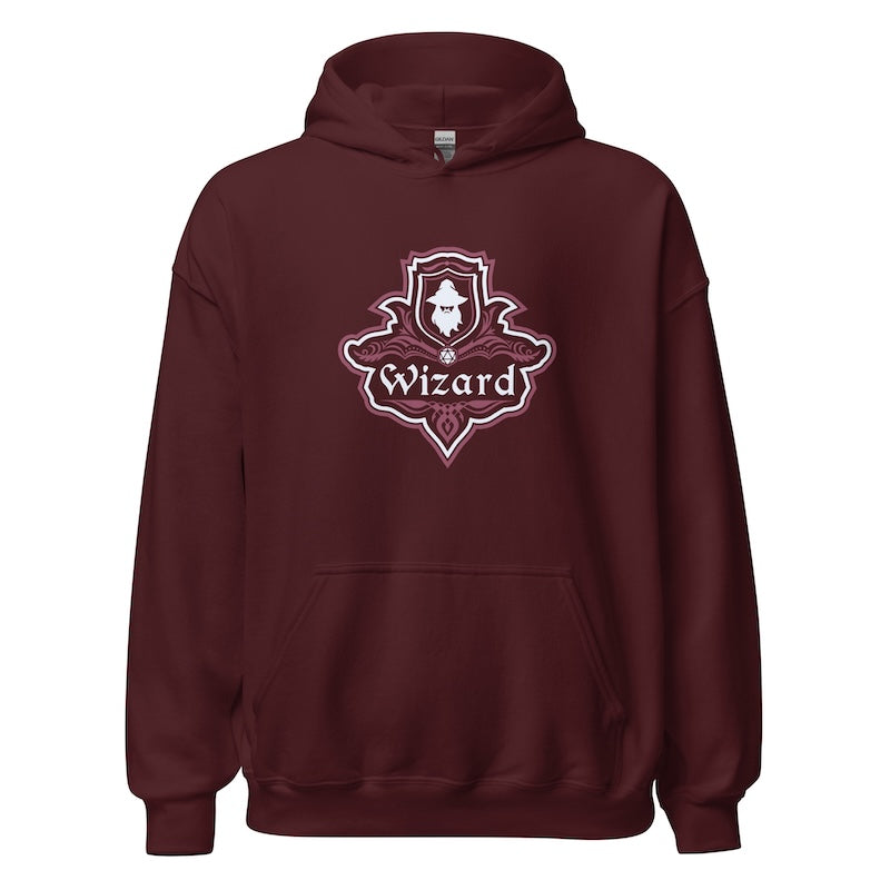 Maroon hoodie with 'Wizard' logo on a white background
