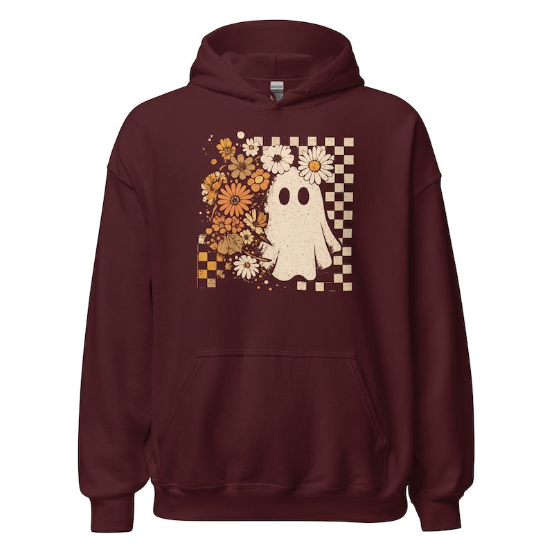 Maroon hoodie with ghost and floral design on a white background
