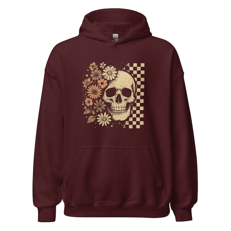 Maroon hoodie with skull and floral design on a white background