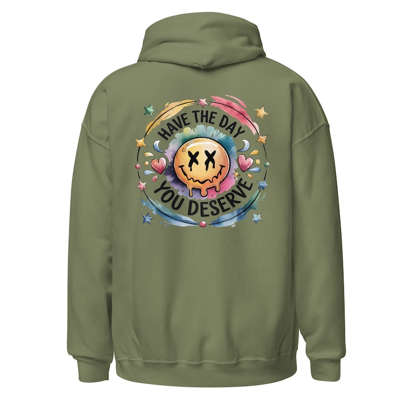 Green hoodie with a colorful graphic and text on the back against a white background