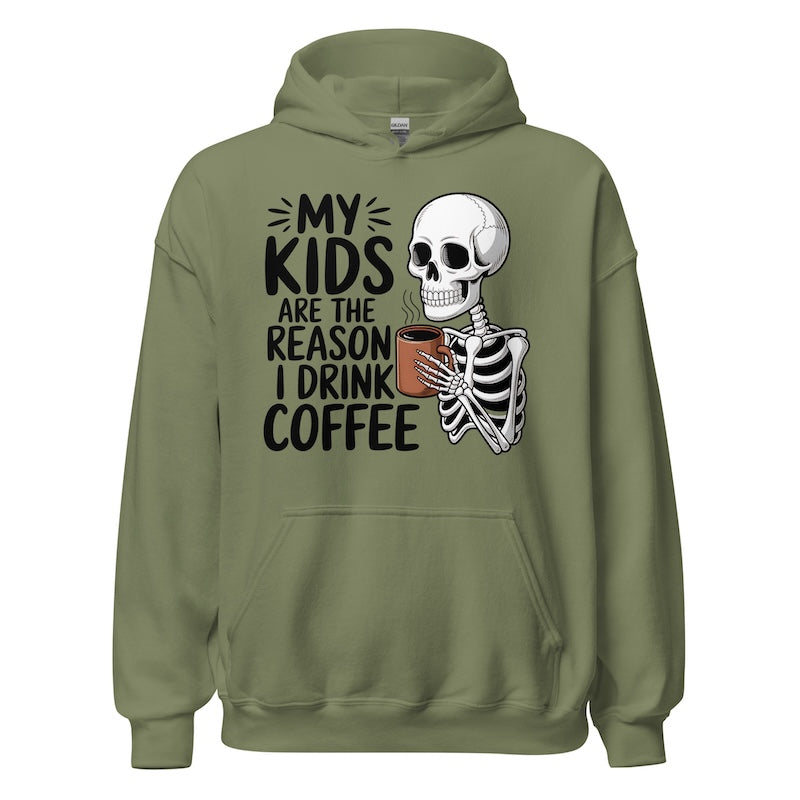 Green hoodie with skeleton design and text on a white background