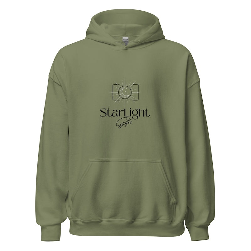 Green hoodie with 'Starlight' logo and text on a white background