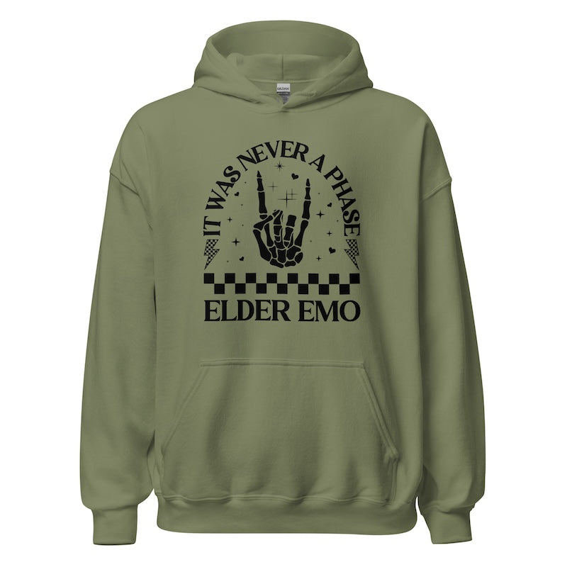 Green hoodie with black text and design on a white background