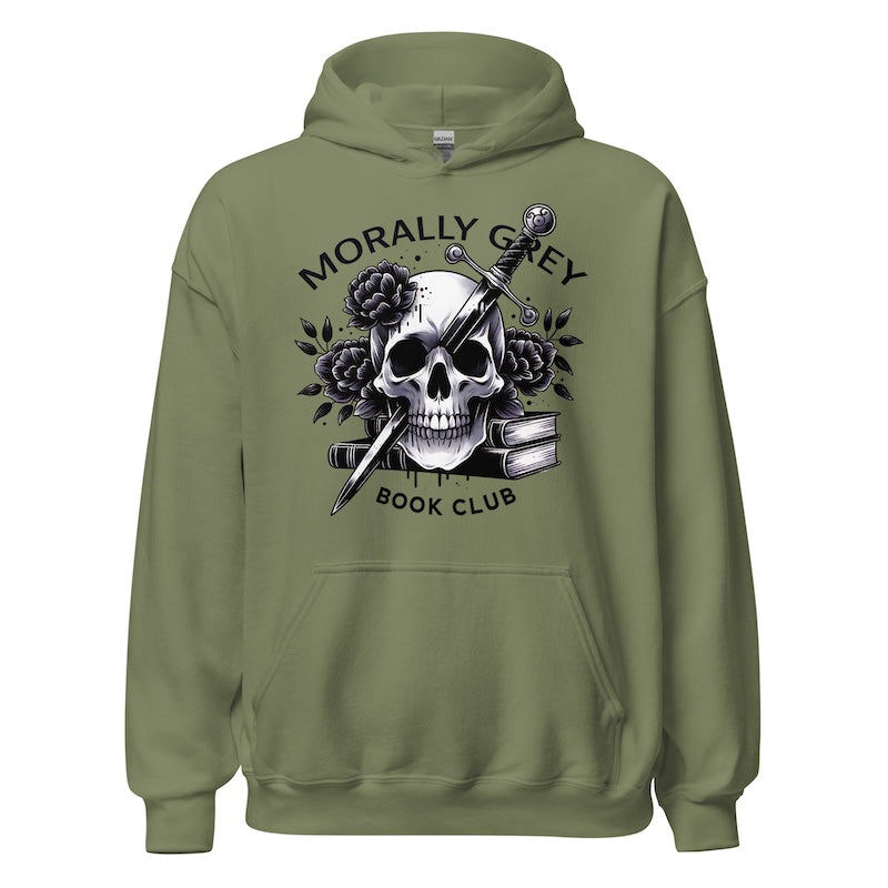 Green hoodie with skull and book design and 'Morally Grey Book Club' text on a white background