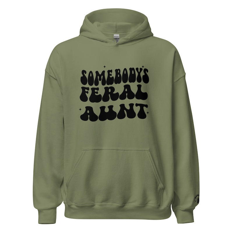 Green hoodie with black text on a white background