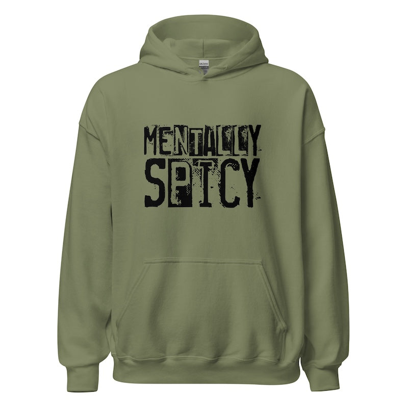 Green hoodie with 'Mentally Spicy' text on a white background