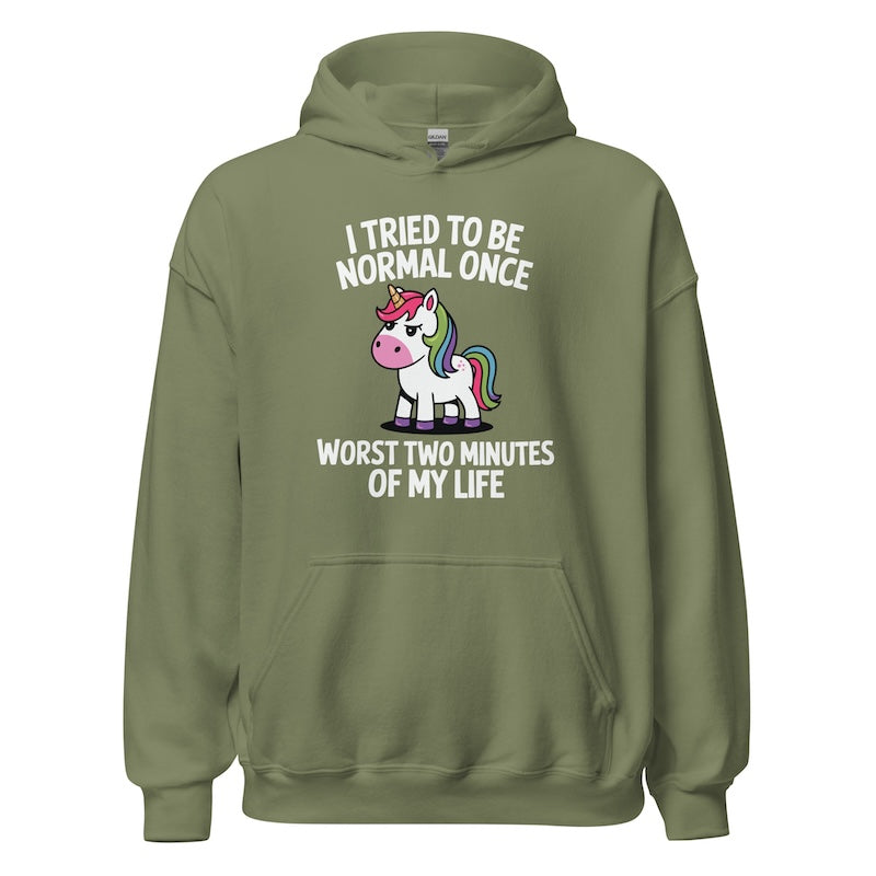 Green hoodie with a unicorn graphic and text on a white background
