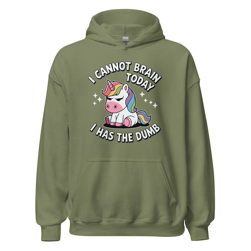 Green hoodie with a unicorn graphic and text on a white background