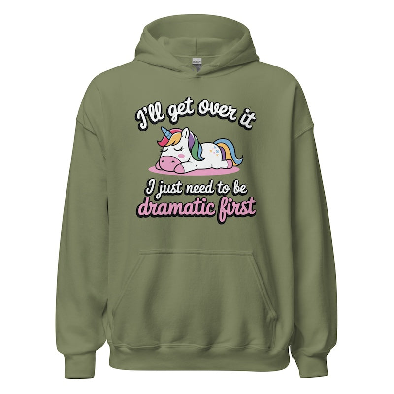 Green hoodie with unicorn graphic and text on a white background
