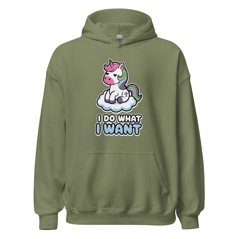 Green hoodie with a unicorn graphic and 'I Do What I Want' text on a white background