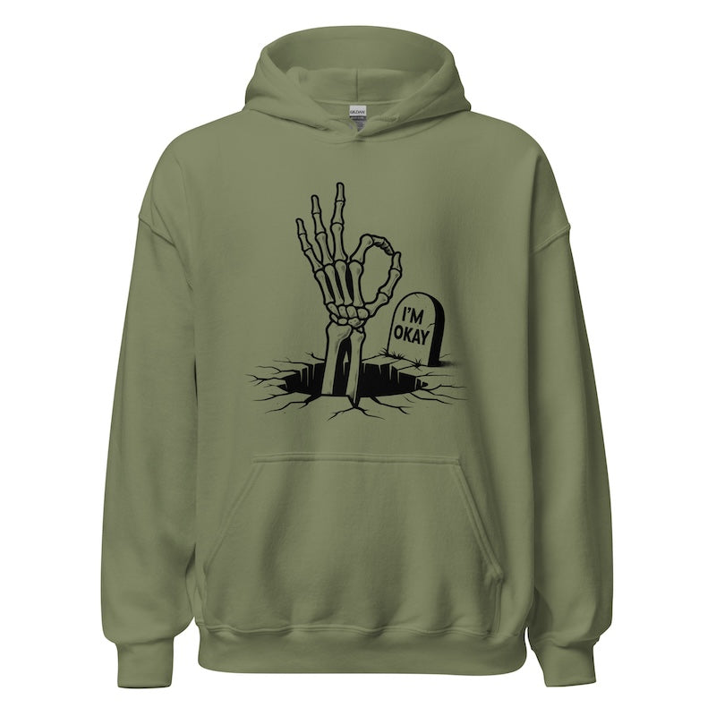 Green hoodie with skeleton hand and tombstone graphic on a white background