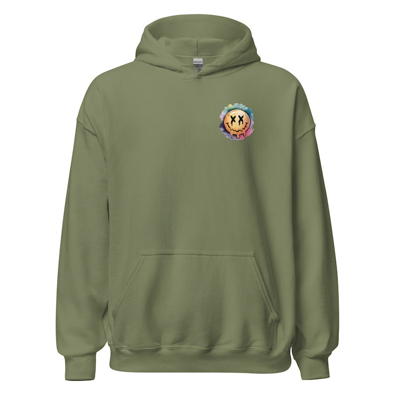 Green hoodie with a colorful logo on the chest against a white background