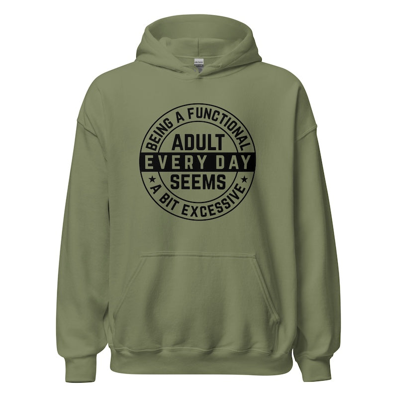Green hoodie with black text on a white background