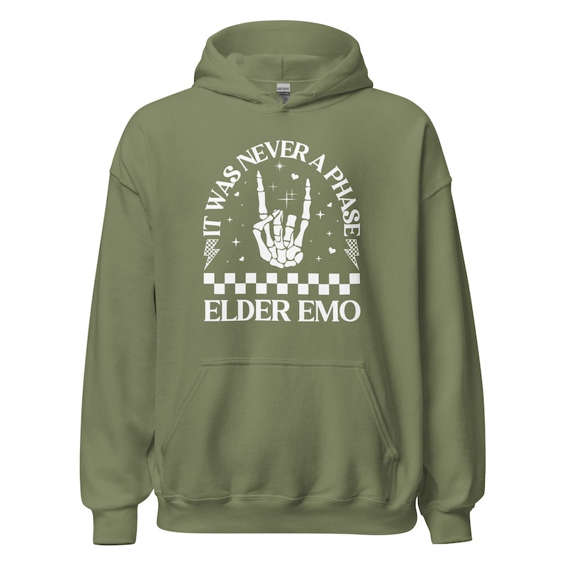 Green hoodie with white text and design on a white background