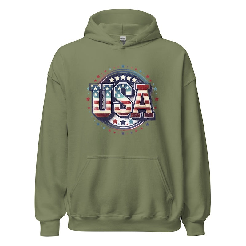 Green hoodie with 'USA' design on a white background
