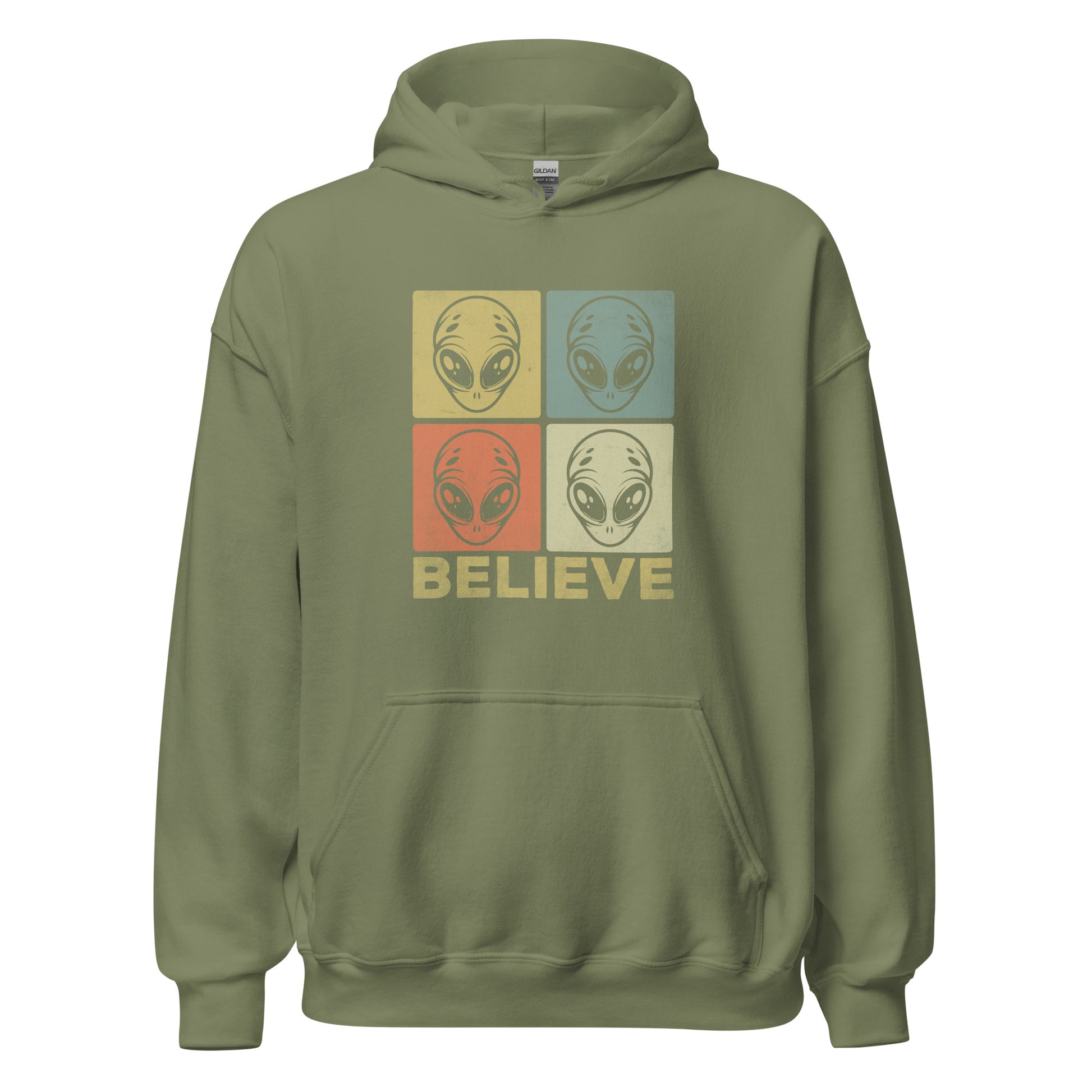 Green hoodie with alien graphic and 'BELIEVE' text on a white background