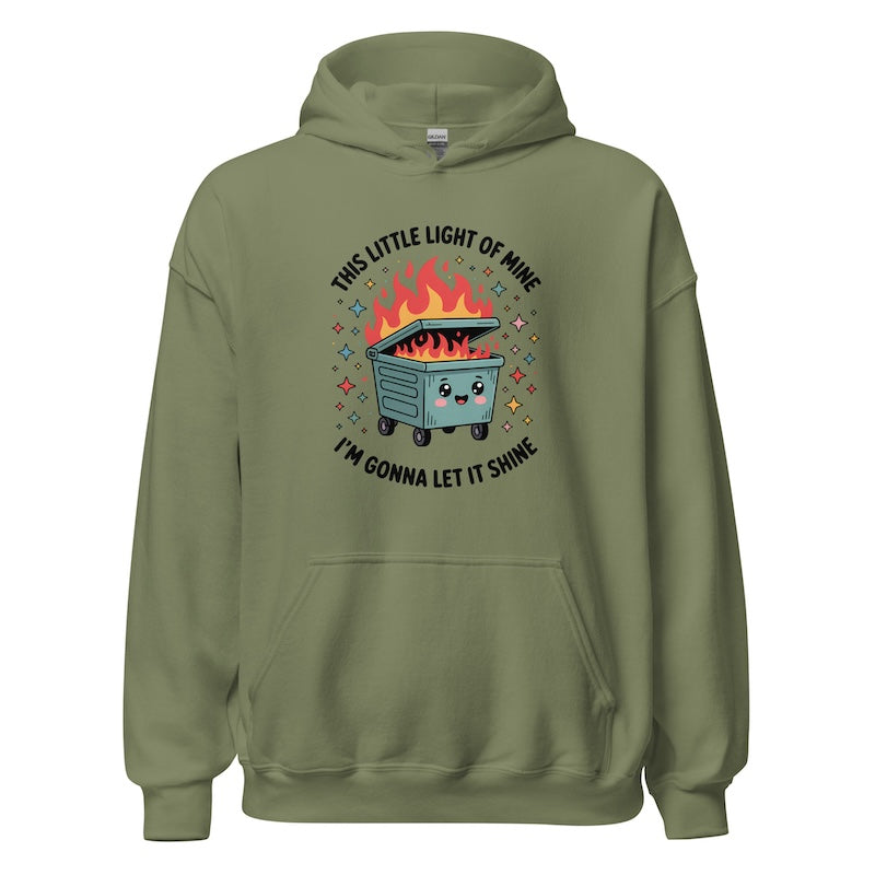 Green hoodie with a graphic design on a white background
