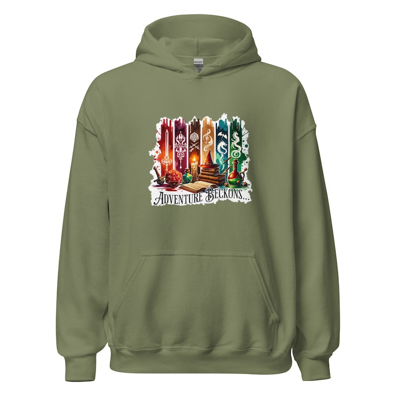 Green hoodie with 'Adventure beckons' design featuring candles and books on a white background