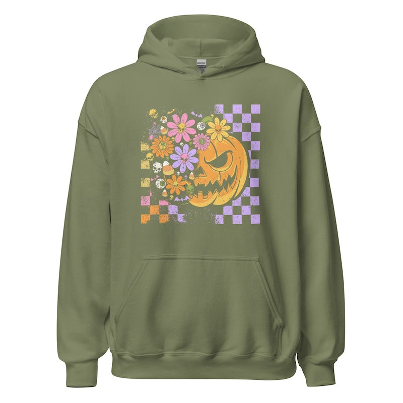 Green hoodie with a pumpkin and floral design on a white background