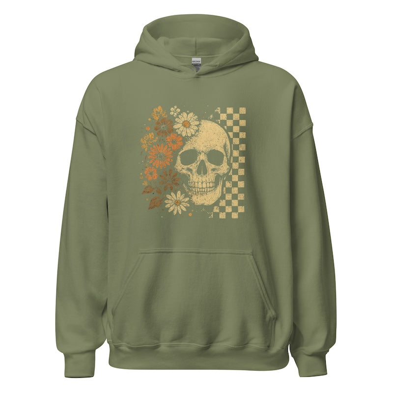 Green hoodie with skull and floral design on a white background