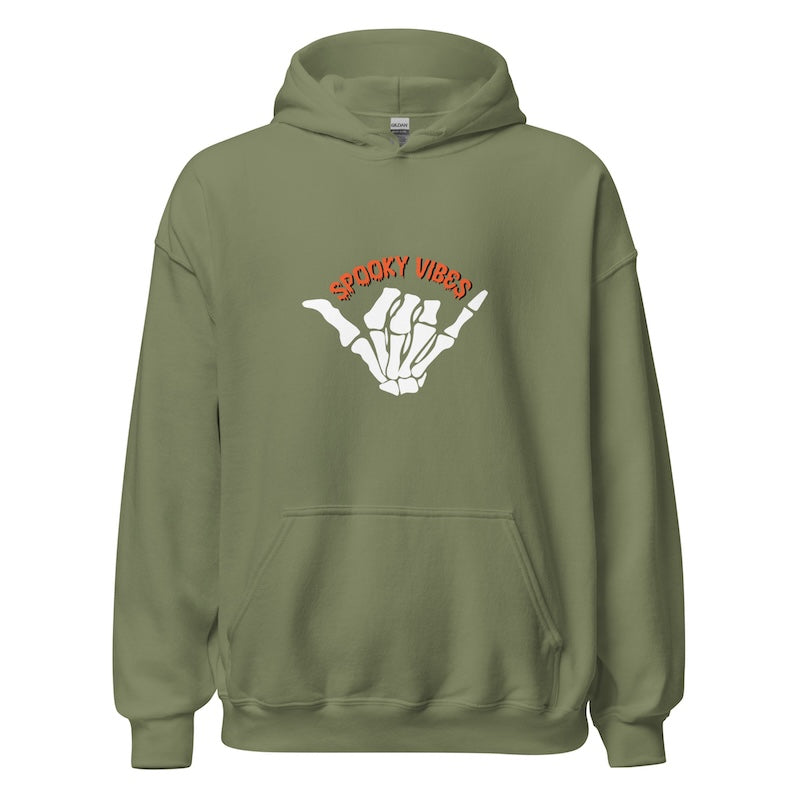 Green hoodie with a hand gesture design and 'Spooky Vibes' text on a white background