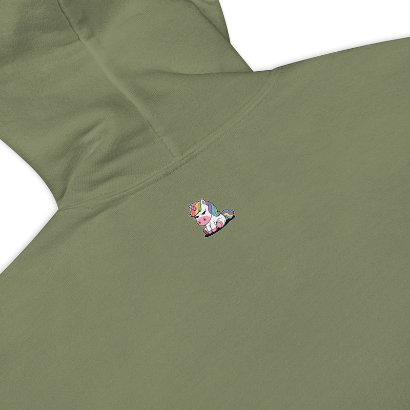 Green shirt with a colorful unicorn patch on a white background