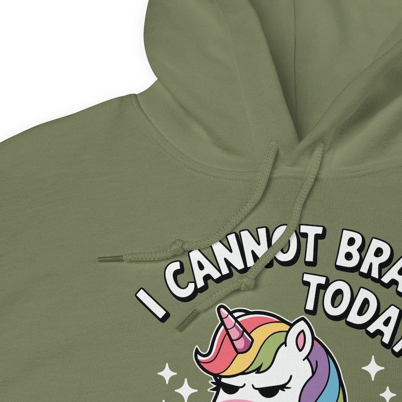 Green hoodie with a unicorn graphic and text 'I CANNOT BR' on a white background