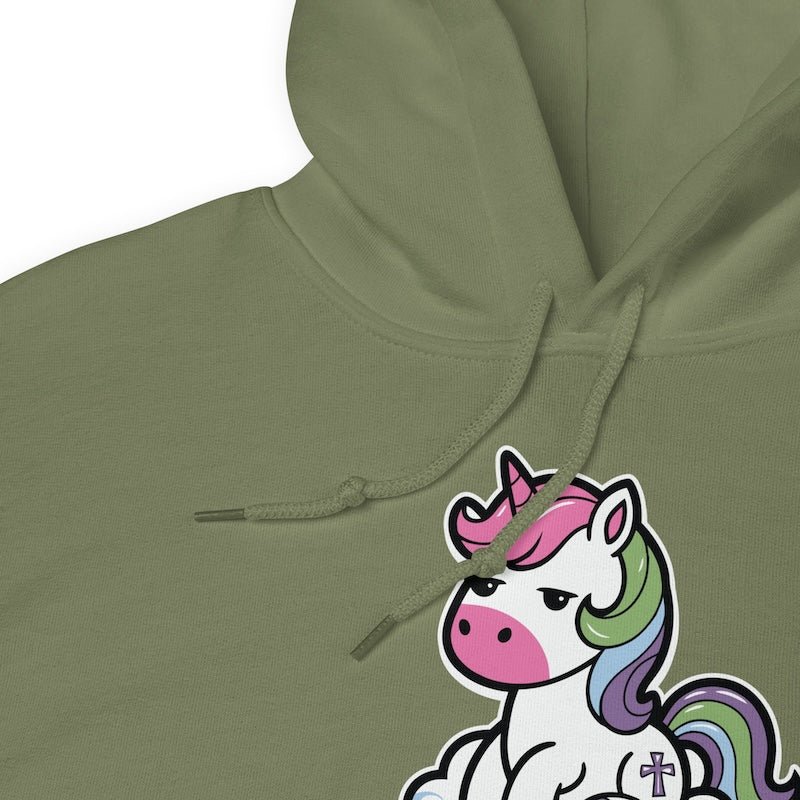 Green hoodie with a unicorn graphic on a white background