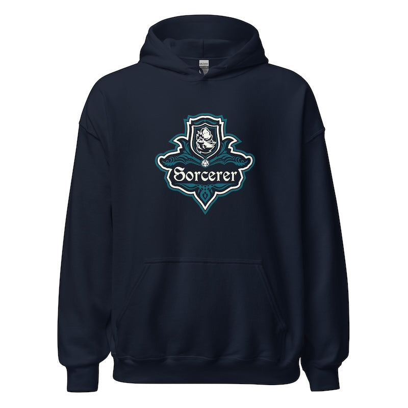 Navy blue hoodie with 'Sorcerer' logo on a white background