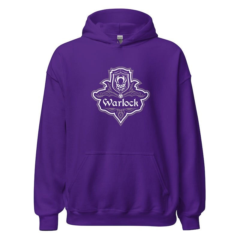 Purple hoodie with 'Warlock' logo on a white background