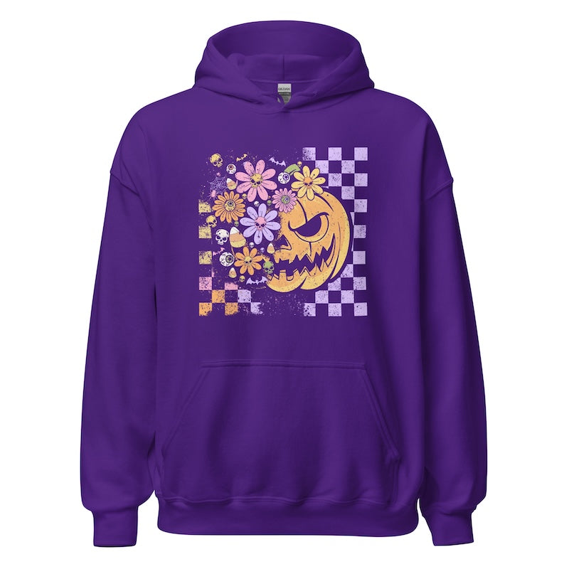 Purple hoodie with a floral and jack-o'-lantern design on a white background
