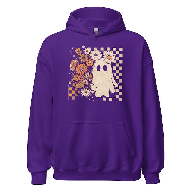 Purple hoodie with a ghost and floral design on a white background