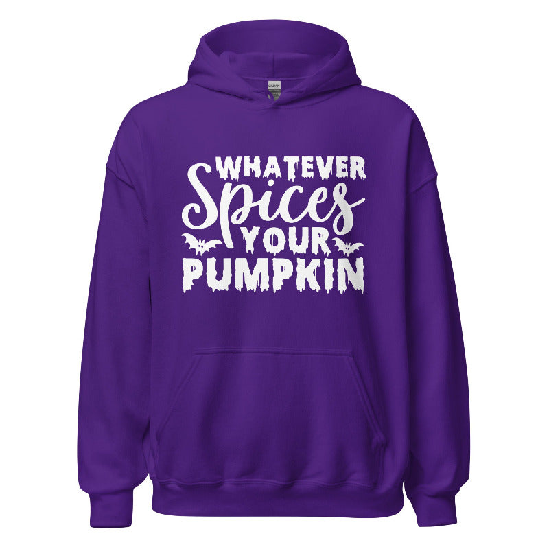 Purple hoodie with white text 'Whatever Spices Your Pumpkin' on a white background